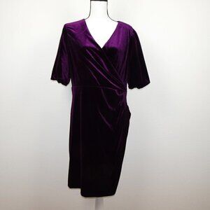 DKNY Velvet Cocktail Dress Women’s Size 14 Purple Faux Wrap Surplice Rouched